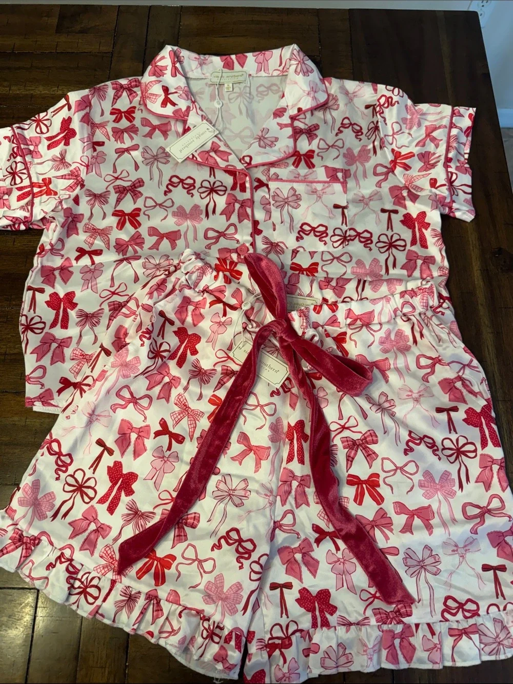 Simply Southern White Pajama Set with Pink and Red Bows Women’s Size Small